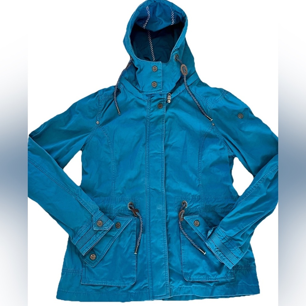 EUC DREIMASTER Jacket Women's XL Teal Blue Hooded Pockets Zip Outdoors Canvas